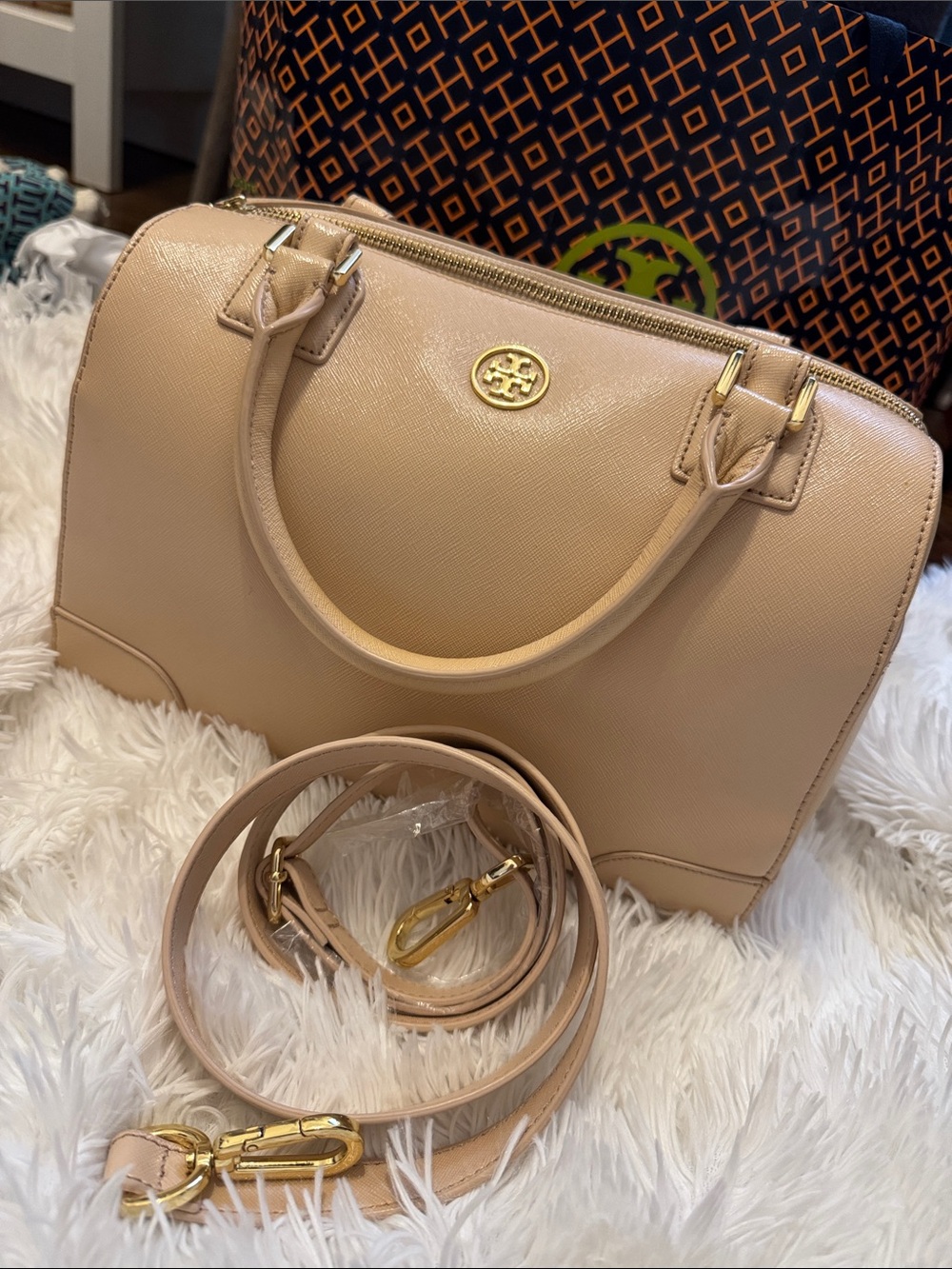 Tory Burch Beige Saffiano Leather Satchel with Detachable Strap